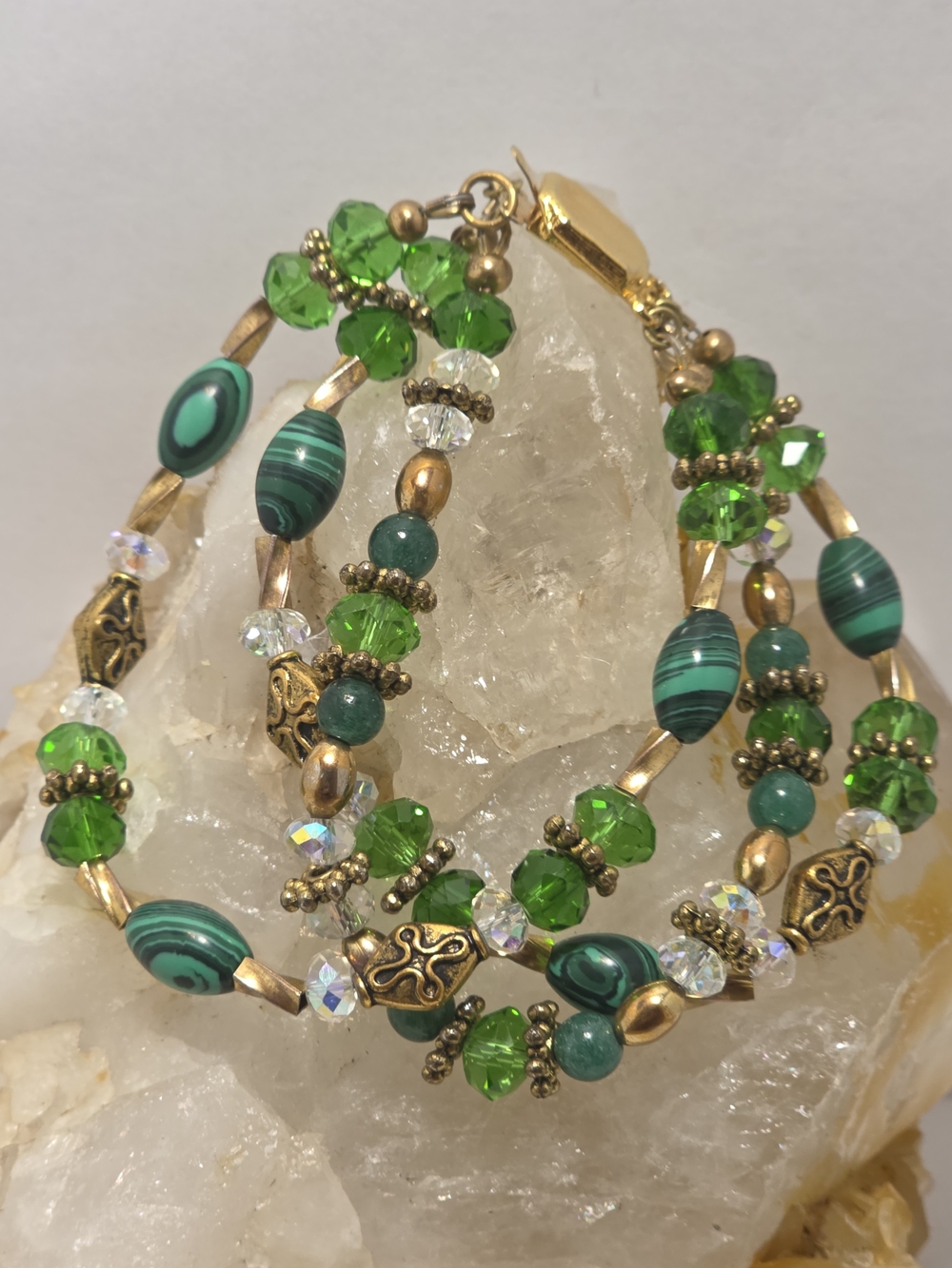 Handmade Bohemian Emerald Green Crystal & Malachite Beaded Bracelet
